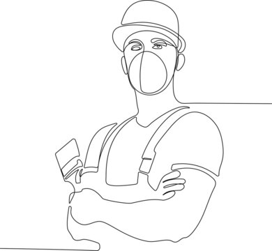 Continuous one line drawing of repair construction and building male worker or builder in helmet and respirator mask with paint brush minimal outline. Vector illustration