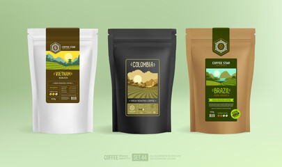 Coffee Star label design on food zip package mock-up with branding identity design pouch set template. Stand-up foil pouch design with paper packaging. Coffee logo with world collection brand identity