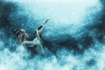 beautiful shamanic girl playing on shaman flute in the nature. Painting effect. © jozefklopacka