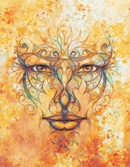 mystic face with floral ornament. Drawing on paper, Color effect.