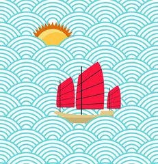 Sea waves. Ship on sea waves. Japanese junk.