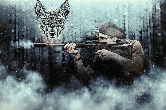 Airsoft soldier in the nature and wolf.