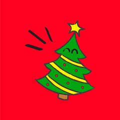 A Cute Hand Drawn Happy Christmas Tree - Amazing cute minimalist vector happy character suitable for apps, sticker, children book, decoration, animation, christmas, design assets and illustration