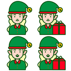 Female Elf - Amazing female figure vector set of santa elf character with a gift suitable for sticker, emoticon, children book, design assets, decoration, christmas, and illustration in general