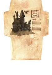 Fototapeta premium watercolor envelope template with castle silhouette on mountain and a flying owl with letter in its paws.Cut out and bend envelope. Hand drawn letter from the magic palace