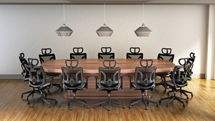 Boardroom table and chairs on the parquet floor. 3D illustration