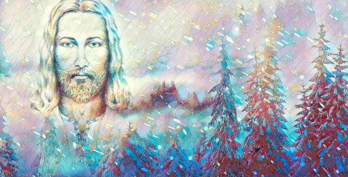 Art of Jesus and beautiful snowy landscape, mosaic structure.