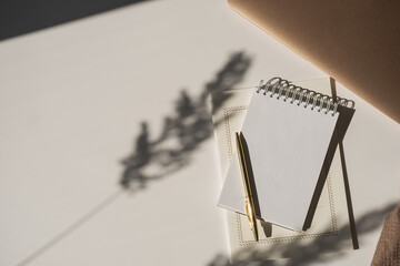 Blank paper sheet notebook with copy space, flower sunlight shadows and laptop computer on white...
