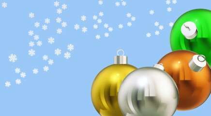 Big Christmas bauble balls. SNOWFLAKES, frozen water crystals. Amiable banner design. Creative 3D ILLUSTRATION. Traditional decoration idea. NATIVITY scene ornament.