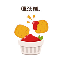 Mozzarella cheese ball vector. Cheese ball on white background. Cheese fried. Ketchup in white dip bowls. Tomato sauce.