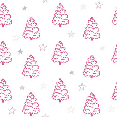 White seamless pattern with pink Christmas tree lines and doodle stars. Winter texture, textiles, children wallpaper.