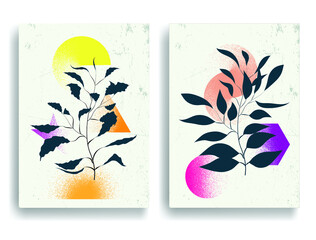 Naklejka premium Modern wallpaper with minimalist design elements . Botanical art. Backgrounds in Boho style . Wall art , home deco . Contemporary posters with leaves and geometric shapes .Vector abstract wallpaper.