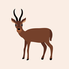 Vector isolated illustration with cute antelope, deer in flat simple style on beige background. Children's bright color picture, hand-drawn print. A collection of cartoon kind, funny, smiling animals.
