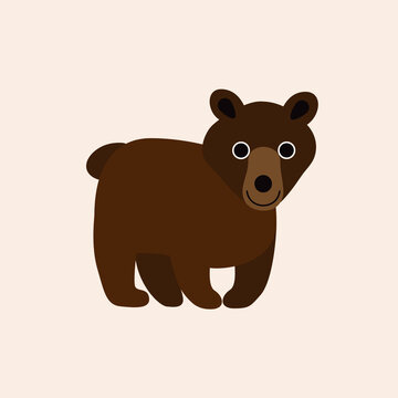 Vector isolated illustration with cute brown bear in flat simple style on beige background. Children's bright color picture, hand-drawn print. A collection of cartoon kind, funny, smiling animals.