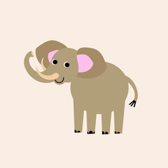 Vector isolated illustration with cute  african elephant in flat simple style on beige background. Children's  color picture, hand-drawn print. Cartoon kind, funny, smiling animals. Delicate, gentle
