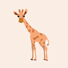 Vector isolated illustration with cute giraffe, camelopard in flat simple style on beige background. Children's color picture, hand-drawn print. Cartoon kind, funny, smiling animals. Delicate, gentle