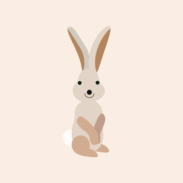 Vector isolated illustration with cute rabbit, hare, bunny in flat simple style on beige background. Children's  color picture, hand-drawn print. Cartoon kind, funny, smiling animals. Delicate, gentle