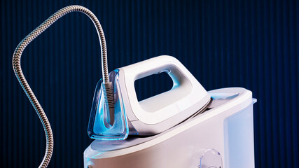 White steam generator iron on a blue background
