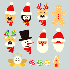 Big Vector Christmas characters set with reindeers, santa, gingerbread man and penguin. Bear and gnome are wearing red hats