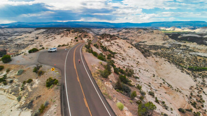 Drone aerial view of beautiful road across the canyon