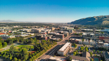 Fototapeta premium Salt Lake City aerial skyline on a sunny day, Utah from drone