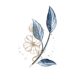 Gold and blue watercolor creative floral composition