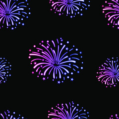 Vector Seamless Pattern, Neon Fireworks, Gradient Colorful Explosions on Black Background, Colors Gradient, Neon Lighting, Glowing Firecrackers, Celebration Concept.