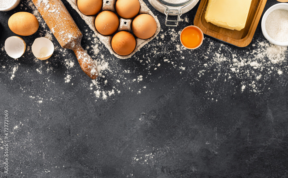 Poster Ingredients for cooking pie with copy space. Bakery background top view