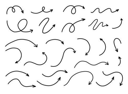 Hand drawn arrows set. Vector line doodles isolated on white.