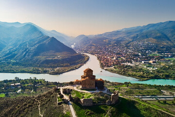 Top view of confluence of two rivers and Jvari monastery in the city of Mtskheta in Georgia country