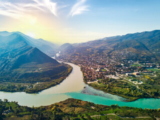 Top view of confluence of two rivers in the city of Mtskheta in Georgia country