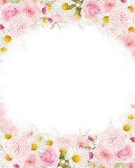 Obraz na płótnie Canvas エレガントなピンク系のバラの花とデイジーに囲まれたおしゃれフレームベクターイラスト素材