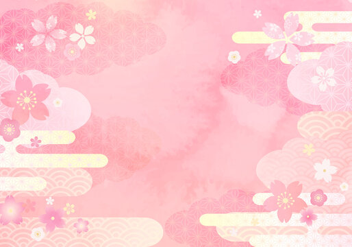 春の和柄の花と雲と桜イメージのベクターイラスト背景