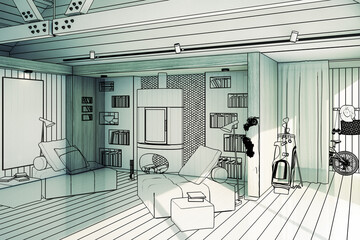 Luxury Sitting Group at Fireplace Inside a Villa (illustration) - 3D Visualization