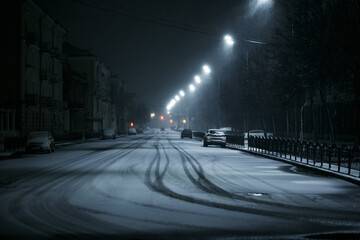 snowstorm in the city at night.