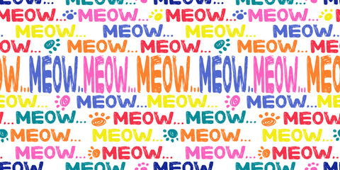 Seamless pattern with the word meow in bright colors. calligraphy of the word meow in the grunge style. Lettering isolated on a white background