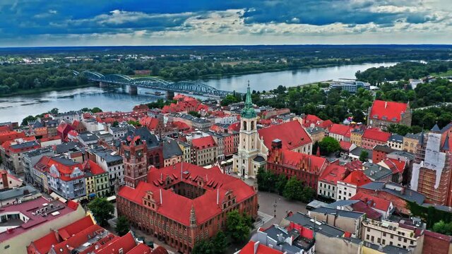 Summer view of Torun old town and Jozef Pilsudski bridge.