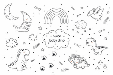 Set of cute baby dinosaurs in outline sketch style. Funny cartoon dinos collection for kids cards, baby shower, t-shirt, birthday invitation, house interior. Bohemian childish vector illustration.