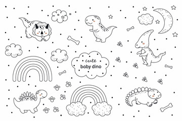 Set of cute baby dinosaurs in outline sketch style. Funny cartoon dinos collection for kids cards, baby shower, t-shirt, birthday invitation, house interior. Bohemian childish vector illustration.