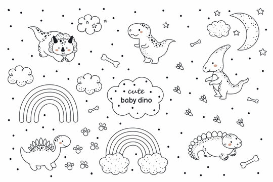 Set of cute baby dinosaurs in outline sketch style. Funny cartoon dinos collection for kids cards, baby shower, t-shirt, birthday invitation, house interior. Bohemian childish vector illustration.