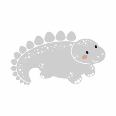 Cute grey dinosaur in scandinavian style. Funny cartoon dino for kids cards, baby shower, t-shirt, birthday invitation, house interior. Bohemian childish vector illustration.