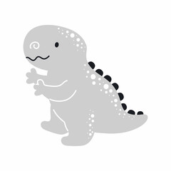 Cute grey dinosaur in scandinavian style. Funny cartoon dino for kids cards, baby shower, t-shirt, birthday invitation, house interior. Bohemian childish vector illustration.