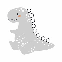 Cute grey dinosaur in scandinavian style. Funny cartoon dino for kids cards, baby shower, t-shirt, birthday invitation, house interior. Bohemian childish vector illustration.
