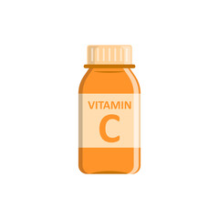 Vitamin C icon in flat style. Bottle with pill vector illustration on white isolated background. Pharmacy sign business concept.