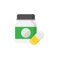 Pill bottle icon in flat style. Medical capsules vector illustration on white isolated background. Pharmacy sign business concept.