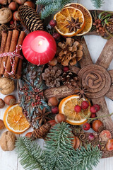 altar for Yule sabbath, wiccan pagan holiday. candle, wheel of the year, cinnamon, nuts, cones, dry...