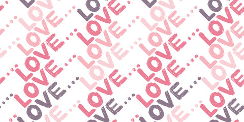 Seamless pattern with the word love in bright colors. calligraphy of the word love in grunge style. Lettering isolated on white background