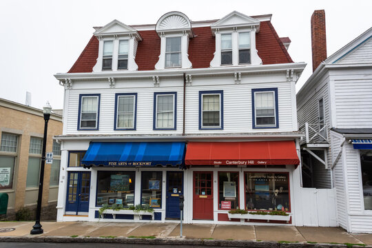 Rockport, Massachusetts, United States of America – September 19, 2016. Historic building occupied by Canterbury Hill Studio and Gallery on the Main Street in Rockport, MA.