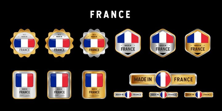 Made in France Label, Stamp, Badge, or Logo. With The National Flag of France. On platinum, gold, and silver colors. Premium and Luxury Emblem