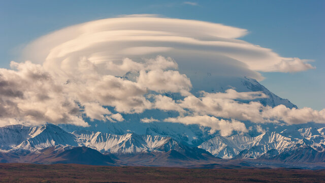 USA, Alaska. Fall colors in Denali National Park with a lenticular cloud shrouding Mt. Denali, formerly known as Mt. McKinley.